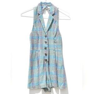 Urban Outfitters Brinnie Linen Button Front Plaid Romper Large